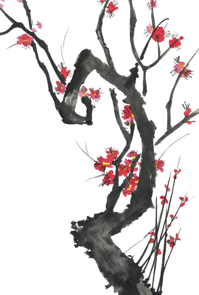 A branch of a blossoming sakura. Pink and red stylized flowers of plum mei, wild apricots and cherry . Watercolor and ink illustration of tree in style sumi-e, u-sin. Oriental traditional painting.  - Фото, изображение