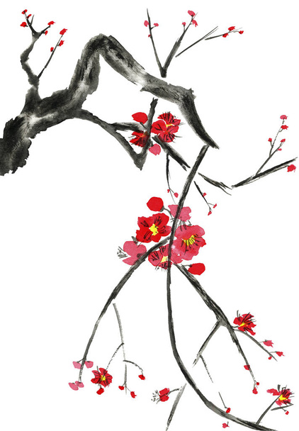 A branch of a blossoming sakura. Pink and red stylized flowers of plum mei, wild apricots and cherry . Watercolor and ink illustration of tree in style sumi-e, u-sin. Oriental traditional painting.  - Zdjęcie, obraz