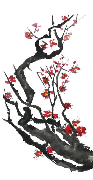A branch of a blossoming sakura. Pink and red stylized flowers of plum mei, wild apricots and cherry . Watercolor and ink illustration of tree in style sumi-e, u-sin. Oriental traditional painting.  - Fotoğraf, Görsel