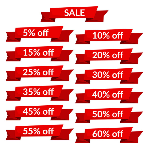 Set of red sale ribbons with different discount - Vector, Image