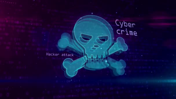 Cyber crime abstract begrip. 3D vorm en contour van schedel pictogram op digitale achtergrond. Computer aanval en digitale piraat symbool animatie. - Video
