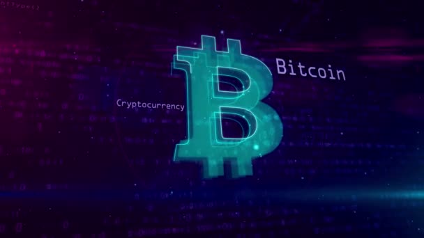 Bitcoin pojęciem abstrakcyjnym kryptowaluta. 3D kontur ikona waluty Bitcoin na tle cyfrowej. Komputer blockchain biznes symbol w spójną i zapętlić animacji. - Materiał filmowy, wideo