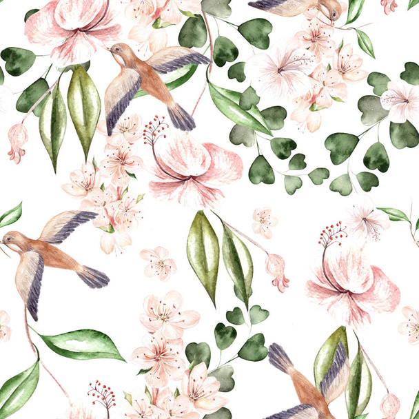 Bahar çiçekleri, Okaliptüs yaprakları ve kuşlar ile suluboya desen.  - Fotoğraf, Görsel