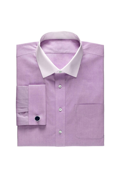 Beyaz yakalı ve beyaz bir arka plan üzerinde izole pahalı kol düğmesi ile moda düz pembe erkek gömlek - Fotoğraf, Görsel