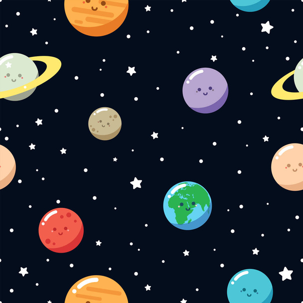 Cute planets. Seamless vector pattern. Cartoon style - Vector, Image
