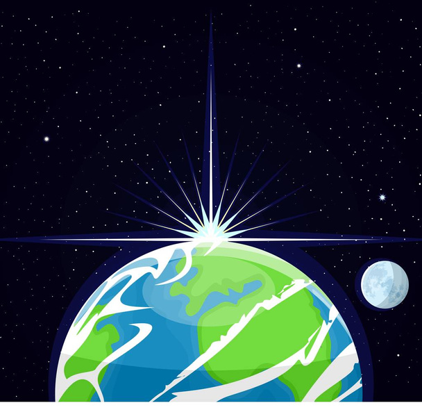 Image of the planet earth. The sun's rays illuminate the planet earth and the moon. Flat style. Cartoon. - Vektör, Görsel