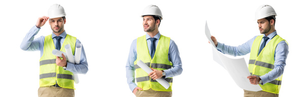 collage of handsome architect wearing green vest and hardhat with blueprints isolated on white - Photo, Image