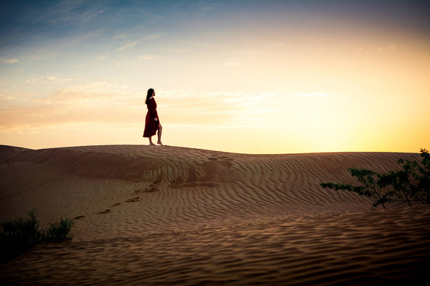 Frau beobachtet Sonnenuntergang in der Wüstensilhouette - Foto, Bild