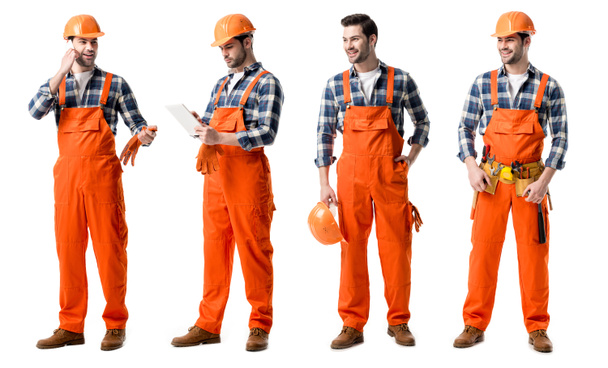collage de reparador guapo en uniforme naranja escrito en cuaderno y hablando en smartphone aislado en blanco
 - Foto, Imagen