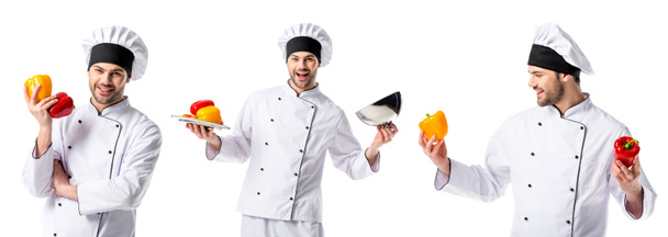 κολάζ όμορφος σεφ με τη λευκή στολή χαμογελώντας και κρατώντας πιπεριές που απομονώνονται σε λευκό   - Φωτογραφία, εικόνα