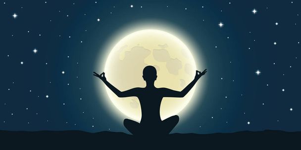 peaceful meditation at full moon and starry sky - Vector, Image