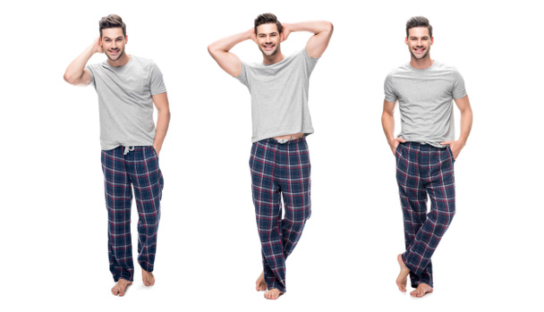 collage de guapo joven relajante en pijama de pie y sonriendo aislado en blanco
 - Foto, imagen