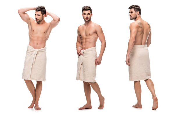collage de joven guapo envuelto en la parte inferior del cuerpo con toalla, parte superior del cuerpo sin ropa aislada en blanco
 - Foto, Imagen