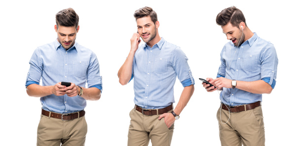 collage di bell'impiegato in camicia blu che parla e guarda su smartphone, ascoltando musica isolata su bianco
 - Foto, immagini