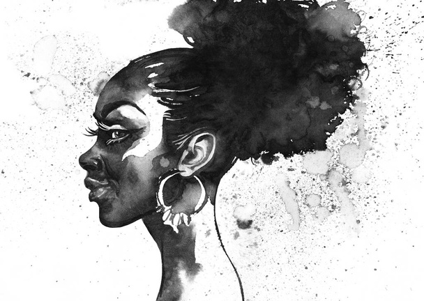 水彩の美しさのアフリカの女性。ファッション イラスト-黒と白の絵画。白い背景できれいな女の子の肖像画を描かれた手 - 写真・画像