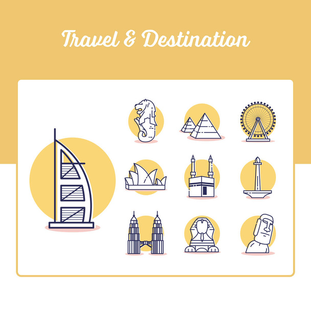 Iconos de viaje y destino con estilo de contorno
 - Vector, Imagen