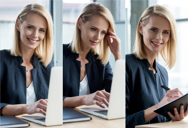 collage of businesswoman using laptop at workplace in office - Фото, изображение