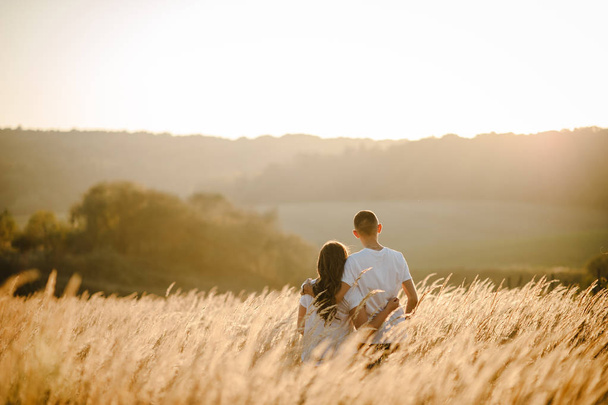 Back view of young couple hugging and looking away in autumn field at sunset - Fotografie, Obrázek