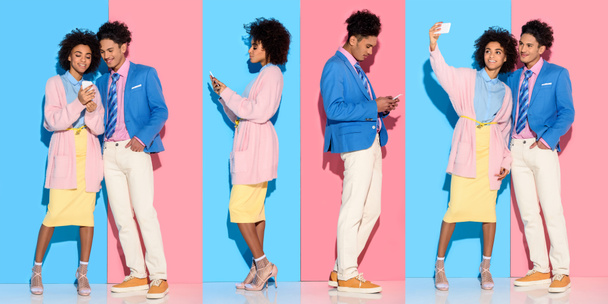 collage of young african american man and woman taking selfie and looking at smartphone on blue and pink background - Photo, Image
