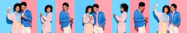collage di giovane afroamericano uomo e donna scattare selfie e guardando smartphone su sfondo blu e rosa
 - Foto, immagini