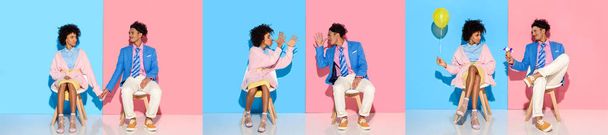 collage of young african american man and woman sitting, holding hands and fooling around on blue and pink background - Photo, Image