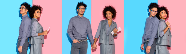 Collage einer jungen afrikanisch-amerikanischen Geschäftsfrau und eines Mannes, die Händchen halten und mit Gadget auf blauem und rosa Hintergrund arbeiten - Foto, Bild