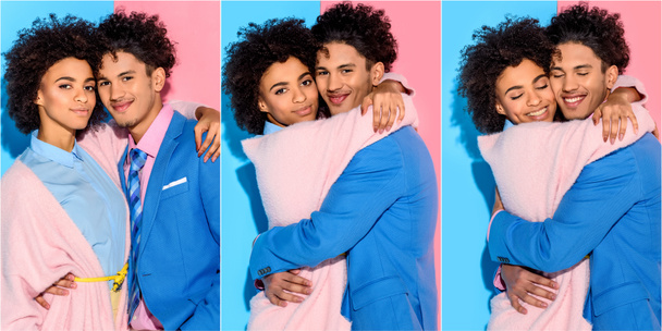 collage de jeune homme et femme afro-américain étreignant, souriant les yeux fermés sur fond bleu et rose
 - Photo, image