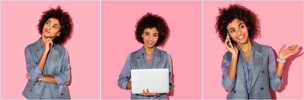 koláž z mladých africká americká podnikatelka myšlení, pomocí přenosného počítače a mluví na smartphone na růžovém pozadí - Fotografie, Obrázek