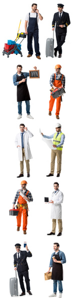 collage de hombre guapo mostrando diferentes profesiones aisladas en blanco
 - Foto, imagen