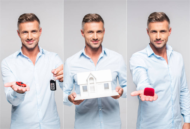 collage of handsome middle age man holding models of home, car, small bottle and red box - Foto, immagini