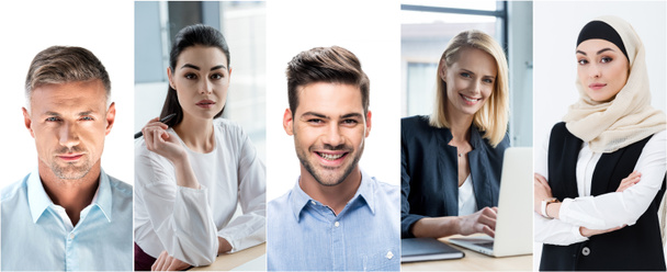 colagem de retratos homens bonitos em fundo branco e mulheres de negócios no local de trabalho no escritório
 - Foto, Imagem