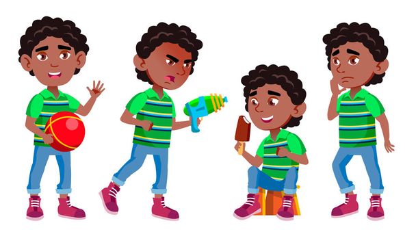 schwarzer, afroamerikanischer Junge Kindergartenkind Vektor. Kleines Kind auf Spielplatz. Spaß haben. für Werbung, Grußwort, Durchsagedesign. Isolierte Cartoon-Illustration - Vektor, Bild