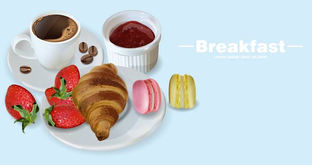 Breakfast coffee, croissant and macaroons Vector realistic. 3d detailed card menu template. Strawberry jam flavor. delicious desserts poster - Вектор, зображення