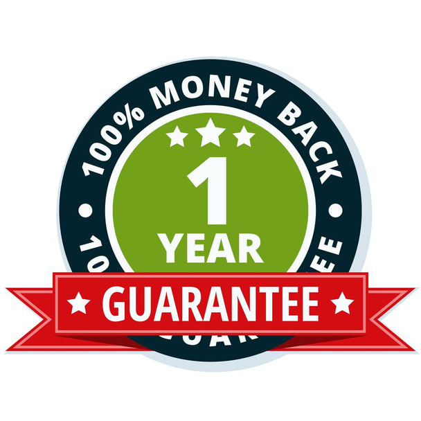 Icono de garantía de devolución de dinero de un año con cinta roja, ilustración vectorial
      - Vector, imagen
