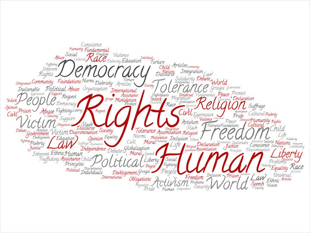 Konzept oder begriffliche Menschenrechte politische Freiheit, Demokratie abstrakte Wortwolke isoliert auf weißem Hintergrund - Foto, Bild