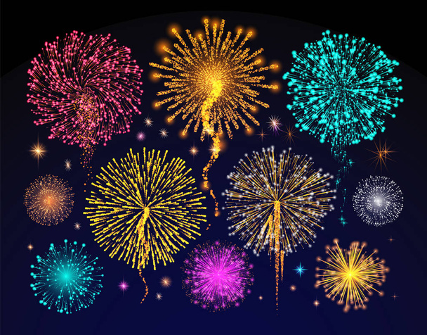 Fireworks Celebration of Holiday, Night Sky Light - Vector, Image