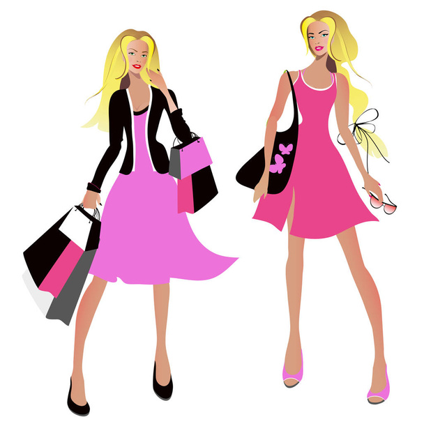 Cartoon women with shopping bags on white background - Vector, Image