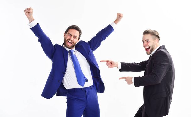Office party. Celebrate successful deal. Men happy emotional celebrate profitable deal. Launch own business. Business success. Business partners celebrate success. Business achievement concept - Foto, afbeelding
