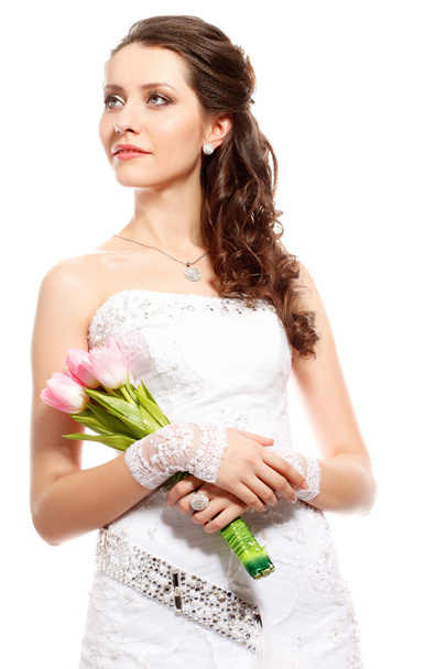Bride portrait with bouquet of tulips - 写真・画像