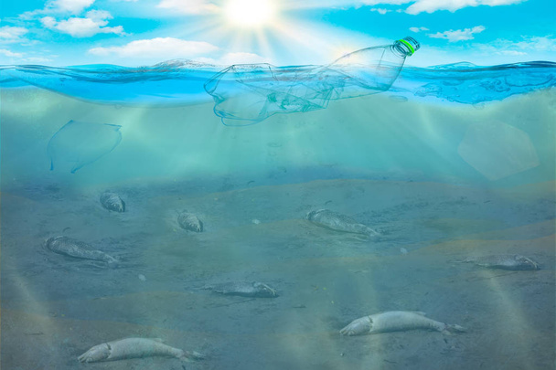 Água de plástico garrafas poluição no oceano Conceito de meio ambiente
  - Foto, Imagem