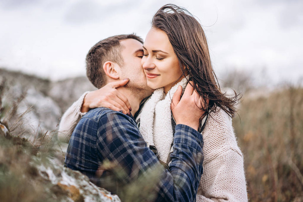 Romantic happy couple enjoy spending time together outdoor - Фото, зображення