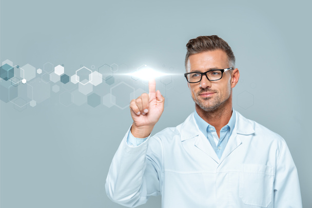 handsome scientist in white coat and glasses touching technology interface in air isolated on grey, artificial intelligence concept - Photo, Image