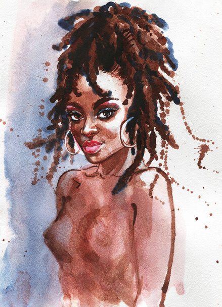 Watercolor beauty african woman. Painting fashion illustration. Hand drawn portrait of curly lady on white background - Photo, Image