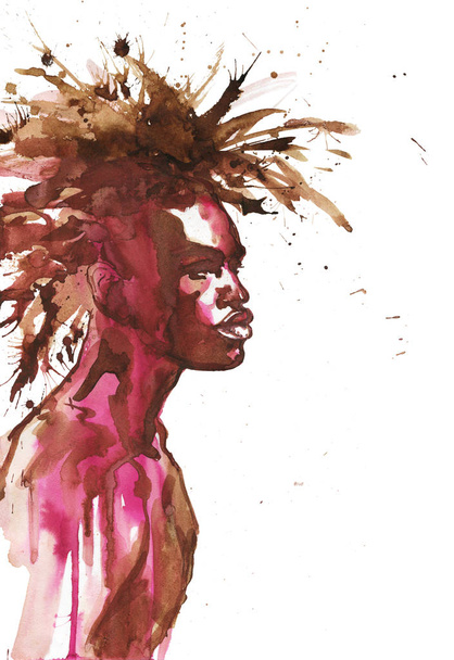 Acuarela hombre africano guapo. Ilustración de moda de pintura. Retrato dibujado a mano de un joven sobre fondo blanco con salpicaduras
 - Foto, Imagen