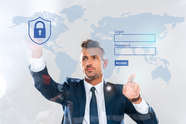 handsome businessman touching security icons, world map and login isolated on white, artificial intelligence concept - Photo, Image