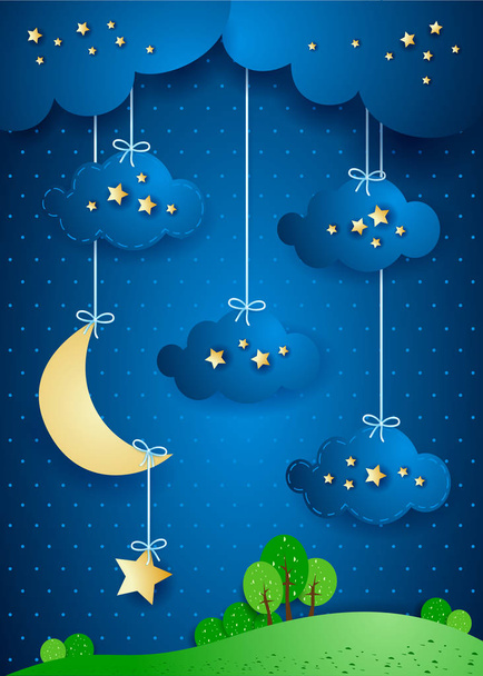夜、雲や星をぶら下げシュールな風景。ベクトル図  - ベクター画像