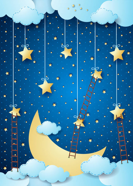 Сюрреалистичная ночь с большой луной и лестницами, векторная иллюстрация
 - Вектор,изображение