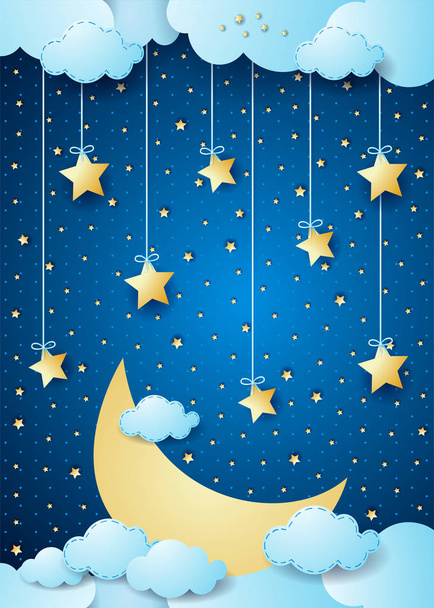 Surreal night with big moon and hanging stars. Vector illustration  - Вектор,изображение