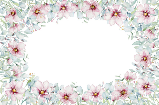 wreath of blossom pink cherry flowers in watercolor style with white background. Set of summer blooming sakura branch decoration - 写真・画像
