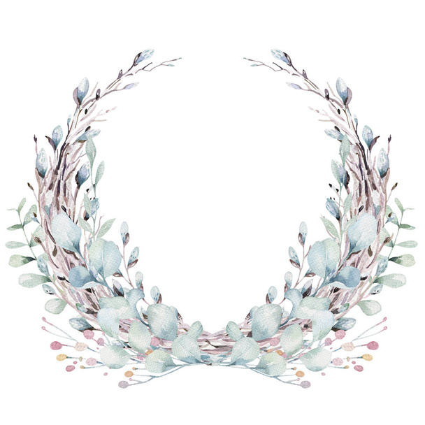 wreath of blossom pink cherry flowers in watercolor style with white background. Set of summer blooming sakura branch decoration - 写真・画像